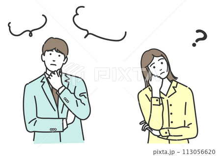 迷う、考える、悩む、疑問に思う男女、人物のベクターイラストセット　白バック、背景なし 113056620