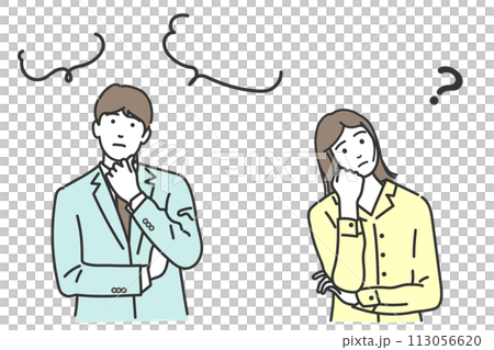 迷う、考える、悩む、疑問に思う男女、人物のベクターイラストセット　白バック、背景なし 113056620