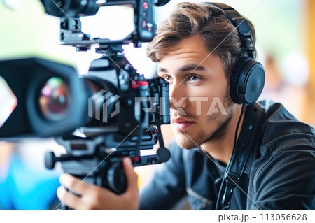Cameraman, reporter man or team of production...のイラスト素材 [113056628] - PIXTA