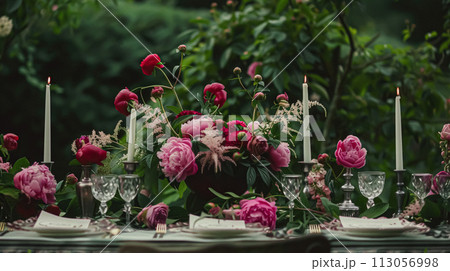 Wedding decoration with peonies, floral decor and event celebration, peony flowers and wedding ceremony in the garden, English country style Wedding decoration with peonies, floral decor and event celebration, peony flowers and wedding ceremony in the garden, English country style 113056998
