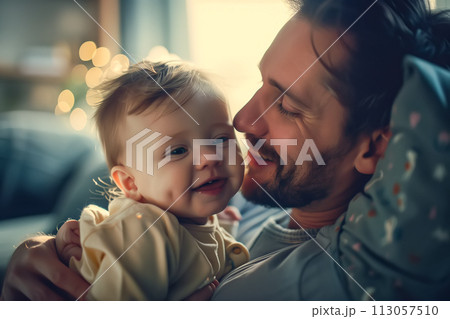 A loving dad cradles his adorable baby in his arms, both smiling with pure joy and affection. The essence of the bond between a father and his child. Generative AI. 113057510