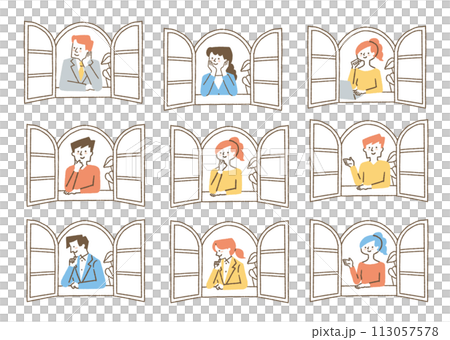 Set of people looking out the window_color Set of people looking out the window_color 113057578