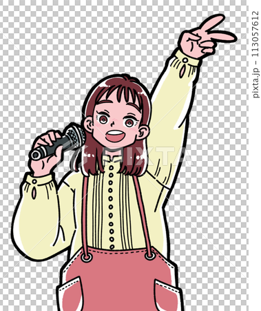 A girl holding a microphone and playing peace 113057612