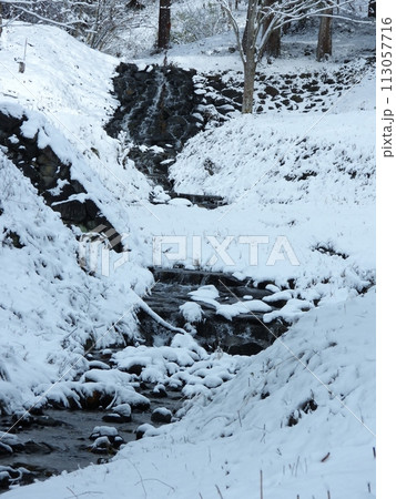 荏沢川第三号石堰堤とその下流の早春の雪景色 113057716