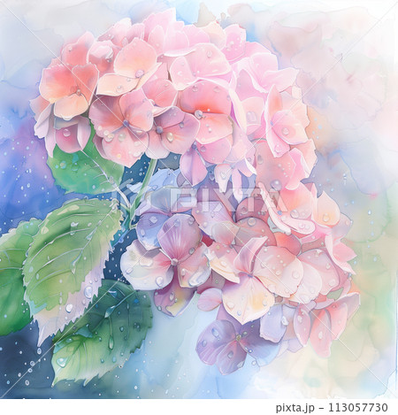 透明水彩で描かれた雨に濡れた美しい色彩のピンク色の紫陽花のイラスト