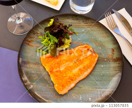 Salmon fillet with salad served on plate Salmon fillet with salad served on plate 113057835