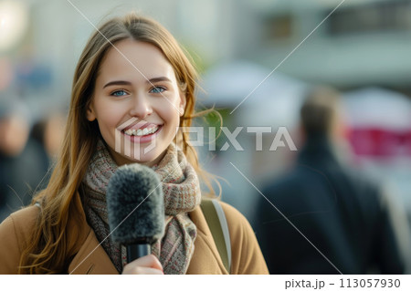 Journalist female with holding microphone Journalist female with holding microphone 113057930