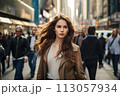 Portrait of young female blond hair wearing jacket walking in city 113057934