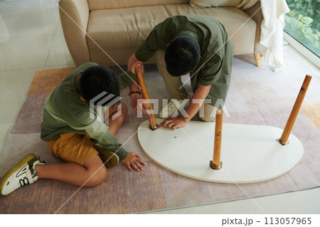 Son helping father to assemble small table for living room Son helping father to assemble small table for living room 113057965