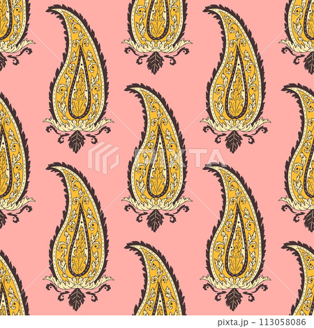 Colorful seamless pattern with yellow Paisley motifs on pink background 113058086