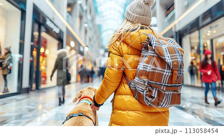 Woman with dog shopping in city mall 113058454