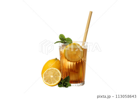 PNG, Glass of iced tea with straw and lemon, isolated on white background PNG, Glass of iced tea with straw and lemon, isolated on white background 113058643