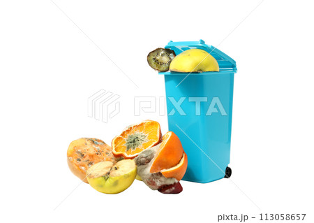 PNG, Spoiled fruit and blue trash can, isolated on white background PNG, Spoiled fruit and blue trash can, isolated on white background 113058657
