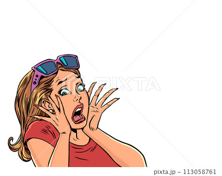 Pop Art Retro The woman screams in horror, covering her face with her hands. Incredible holiday deals. Surprised and frightened client. 113058761