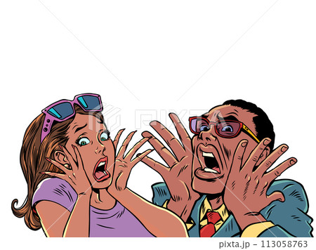 Pop Art Retro A man and a woman scream in horror, covering their faces with their hands. Scary honeymoon proposals. Surprised and frightened clients. Pop Art Retro A man and a woman scream in horror, covering their faces with their hands. Scary honeymoon proposals. Surprised and frightened clients. 113058763