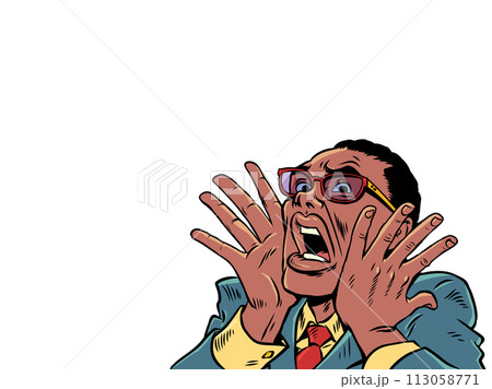 Pop Art Retro The man screams in horror, covering his face with his hands. Unexpected offers of services and products. Surprised and frightened client. Pop Art Retro The man screams in horror, covering his face with his hands. Unexpected offers of services and products. Surprised and frightened client. 113058771