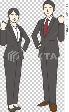 Illustration of a man and woman in business suits smiling and raising one arm and facing the front Illustration of a man and woman in business suits smiling and raising one arm and facing the front 113058813