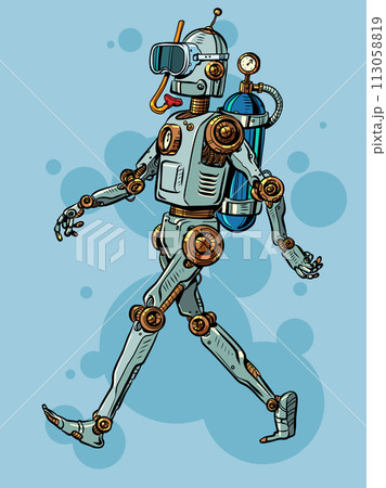 Pop Art Retro Vintage robot comes with scuba gear. Vacation selection recommendation system. Mesanisms for studying the deep sea. Pop Art Retro Vintage robot comes with scuba gear. Vacation selection recommendation system. Mesanisms for studying the deep sea. 113058819
