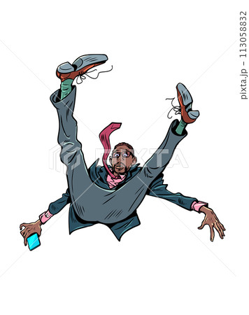 Pop Art Retro An office worker in a suit fell upside down. Uncontrollable situations in business that leave you surprised. Business collapse during a crisis 113058832