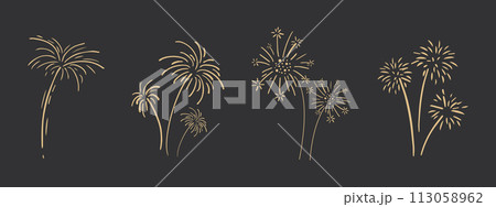 Set gold fireworks, firecrackers golden burst, rays festive doodle sparkle lights isolated on dark background.Celebration, Party Icon, Anniversary, New Year Eve, independence Set gold fireworks, firecrackers golden burst, rays festive doodle sparkle lights isolated on dark background.Celebration, Party Icon, Anniversary, New Year Eve, independence 113058962