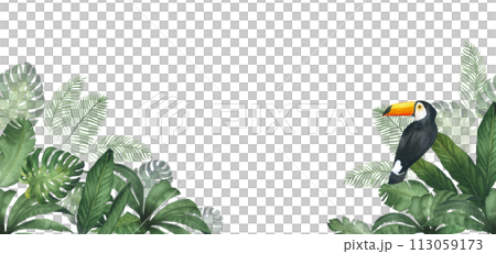 Watercolor illustration of banner or frame with a green jungle with palm leaves, with toucan bird, monstera, watercolor texture, handmade. For decor, poster, invitation Watercolor illustration of banner or frame with a green jungle with palm leaves, with toucan bird, monstera, watercolor texture, handmade. For decor, poster, invitation 113059173