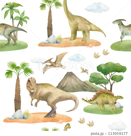 Watercolor seamless pattern with illustration of a dinosaurs on green grass with palm trees, mountains, clouds, isolated. For children's room decor, wallpaper, textile Watercolor seamless pattern with illustration of a dinosaurs on green grass with palm trees, mountains, clouds, isolated. For children's room decor, wallpaper, textile 113059177