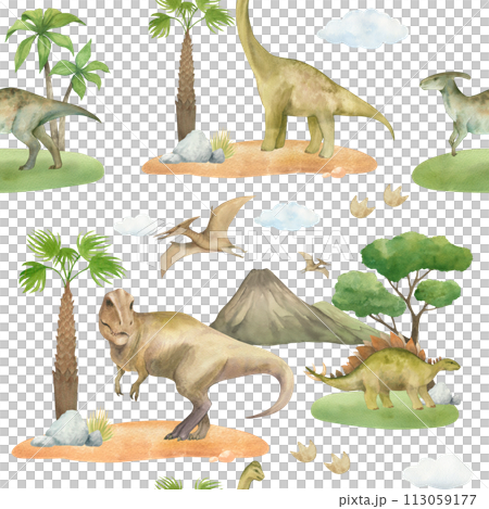 Watercolor seamless pattern with illustration of a dinosaurs on green grass with palm trees, mountains, clouds, isolated. For children's room decor, wallpaper, textile Watercolor seamless pattern with illustration of a dinosaurs on green grass with palm trees, mountains, clouds, isolated. For children's room decor, wallpaper, textile 113059177