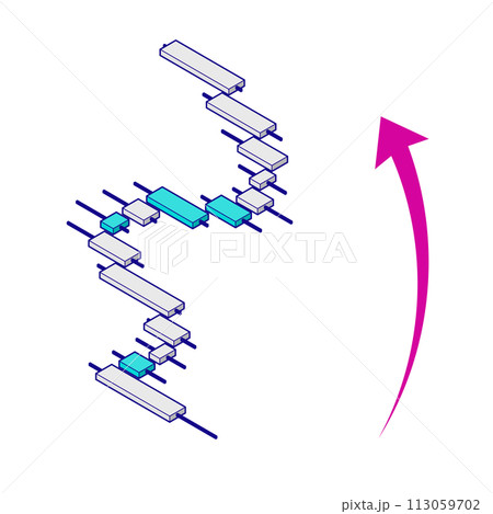 価格が右肩上がりのアイソメトリックなチャートのイラスト。主線あり。 価格が右肩上がりのアイソメトリックなチャートのイラスト。主線あり。 113059702