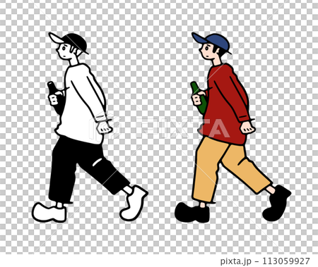 一個拿著啤酒走路的人的線條畫插圖 一個拿著啤酒走路的人的線條畫插圖 113059927