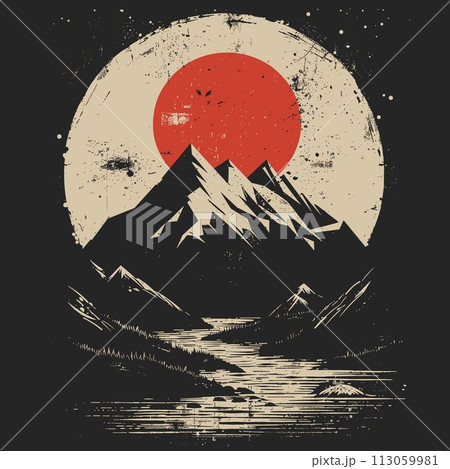 Mountain and sun. Vintage grunge print. Vector illustration. 113059981