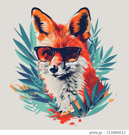 Portrait of a fox with sunglasses and palm leaves. Vector illustration 113060012