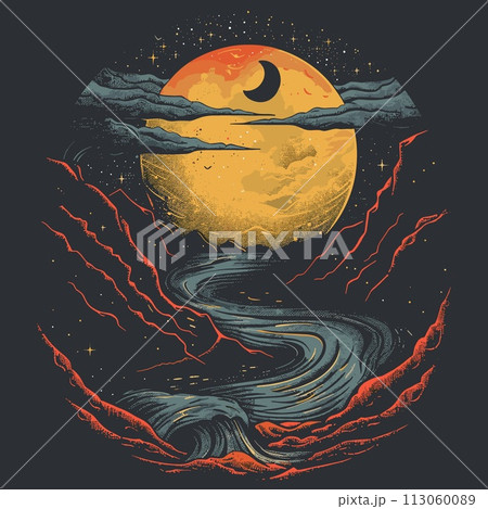 Vector illustration of the moon and the sea on a dark background. Design for t-shirt. 113060089