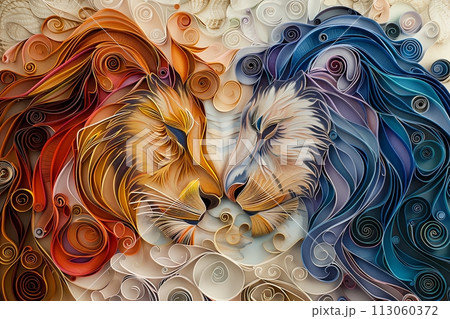 Artistic quilled paper portrait of a male and a female lion in pastel colors Artistic quilled paper portrait of a male and a female lion in pastel colors 113060372