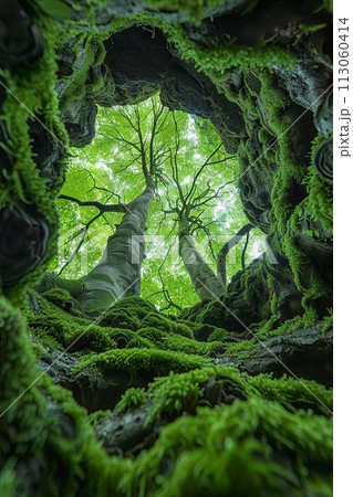 inside view of an ancient tree, taken from below looking up at its massive canopy and intricate branches with lush green leaves 113060414