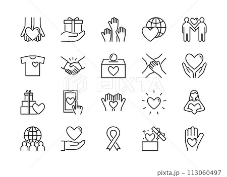 チャリティーやボランティアに関するラインアイコンのセット 113060497