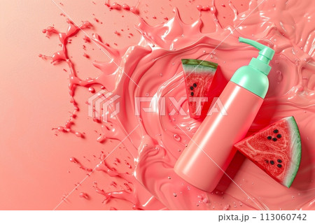 A bottle of pink lotion is next to a slice of watermelon with Generative AI 113060742