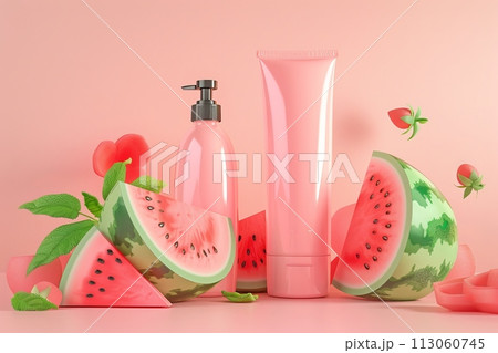 A bottle of pink lotion is next to a slice of watermelon with Generative AI 113060745