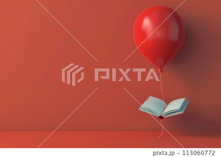 A colorful balloon bouquet is floating above an open book with Generative AI 113060772