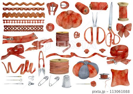 Hand drawn watercolor illustration sewing craft supplies. Scissors ribbon thread bobbins lace pin cushion buttons thimble pins needles. Set of objects isolated on white. Atelier, tailor, hobby shop Hand drawn watercolor illustration sewing craft supplies. Scissors ribbon thread bobbins lace pin cushion buttons thimble pins needles. Set of objects isolated on white. Atelier, tailor, hobby shop 113061088