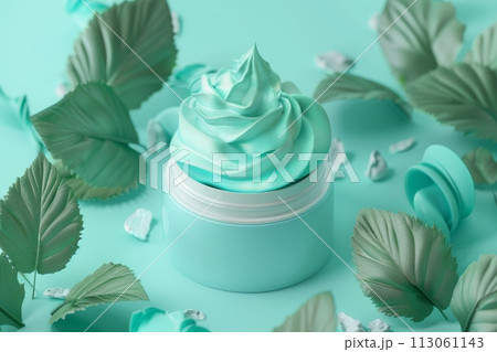 A green background with a variety of green beauty products including a bottle of with Generative AI 113061143