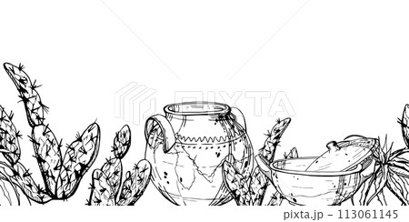 Hand drawn ink vector illustration, nature desert plant succulent cactus aloe agave, ceramic indian cooking pot. Seamless banner isolated on white background. Design travel, vacation, brochure, print 113061145