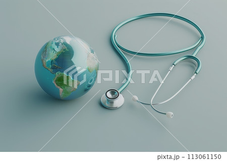 A globe and stethoscope are placed on a table with Generative AI 113061150