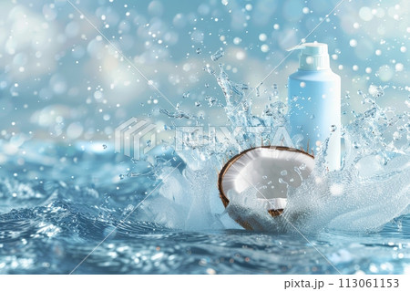 A bottle of coconut oil is floating in the water with Generative AI 113061153