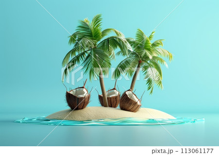 A tropical island with palm trees and a coconut on the beach with Generative AI A tropical island with palm trees and a coconut on the beach with Generative AI 113061177