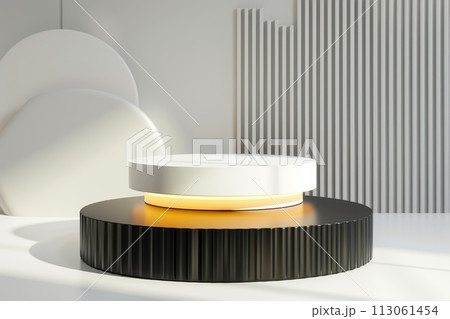 A white and black table with a round top and a black base with Generative AI 113061454