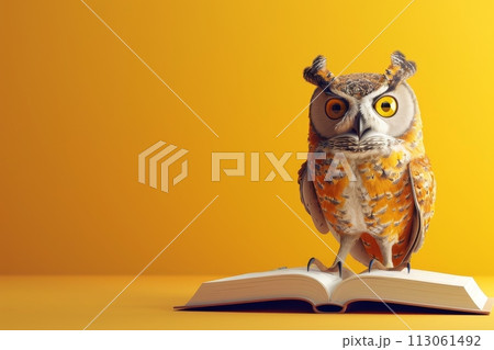 A brown owl is sitting on top of book with Generative AI 113061492