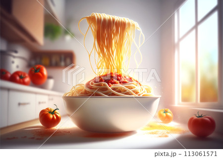 Delicious hot spaghetti with tomato sauce and seasonings. A white bowl of pasta on the table near the window in the kitchen. Generated by AI. 113061571