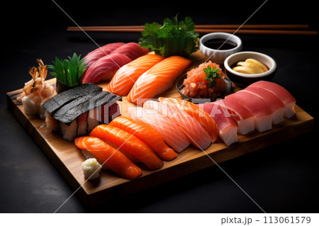 Traditional Japanese dish on a black background. Delicious fresh rolls, sushi, sashimi with soy sauce and lemon. Generated by AI. Traditional Japanese dish on a black background. Delicious fresh rolls, sushi, sashimi with soy sauce and lemon. Generated by AI. 113061579