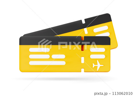 3D cartoon couple of airplane tickets isolated on white background. Booking service, travel by plane, trip or tourism concept. Vector illustration of 3d render. 113062010
