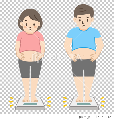Illustration of an obese man and woman standing on a scale 113062042